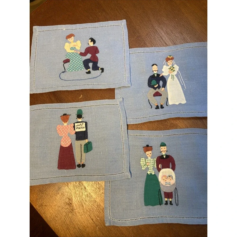 Vintage Cocktail Napkins Married  Couple Wedding Gift Madeira Embroidered Linen